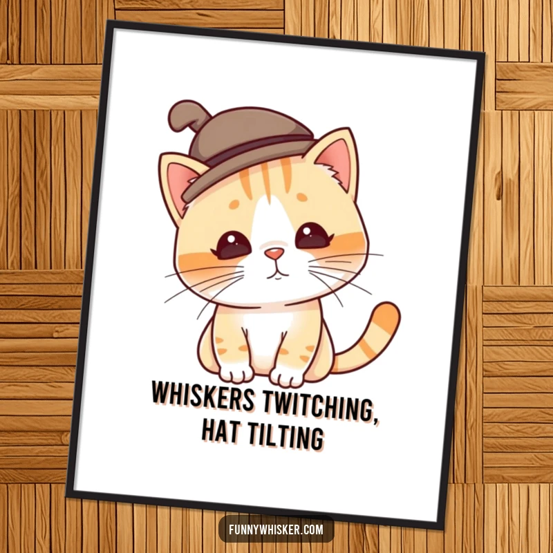 Funny Free Printable Wall Art: Cat wearing a tiny, silly hat that keeps tilting due to its twitching whiskers, adding whimsical decor.