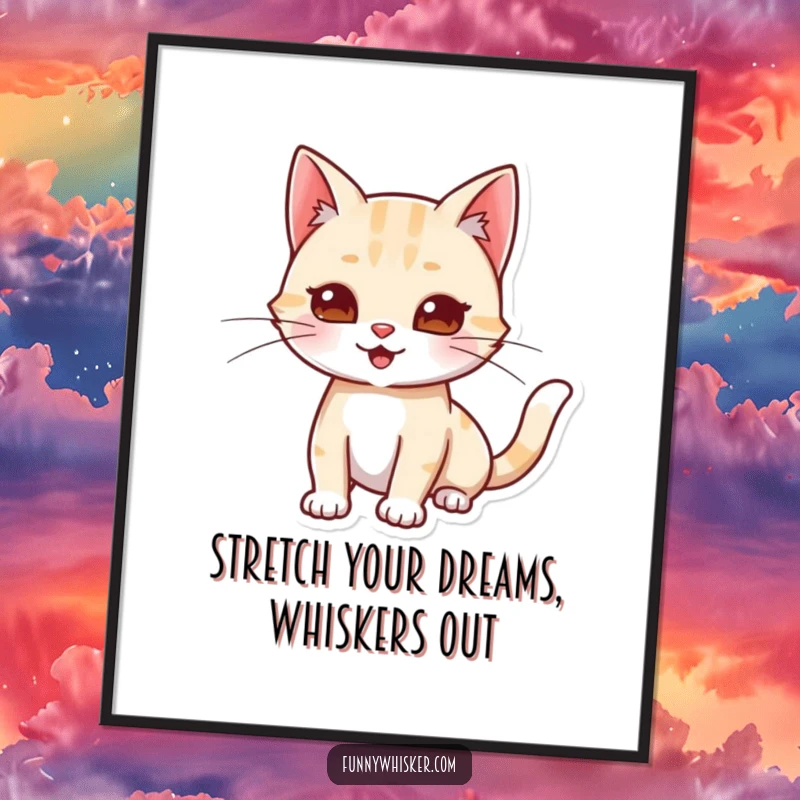 Funny Free Printable Wall Art of a cat character in a playful stretch, its whiskers extending outward with a relaxed, happy demeanor.