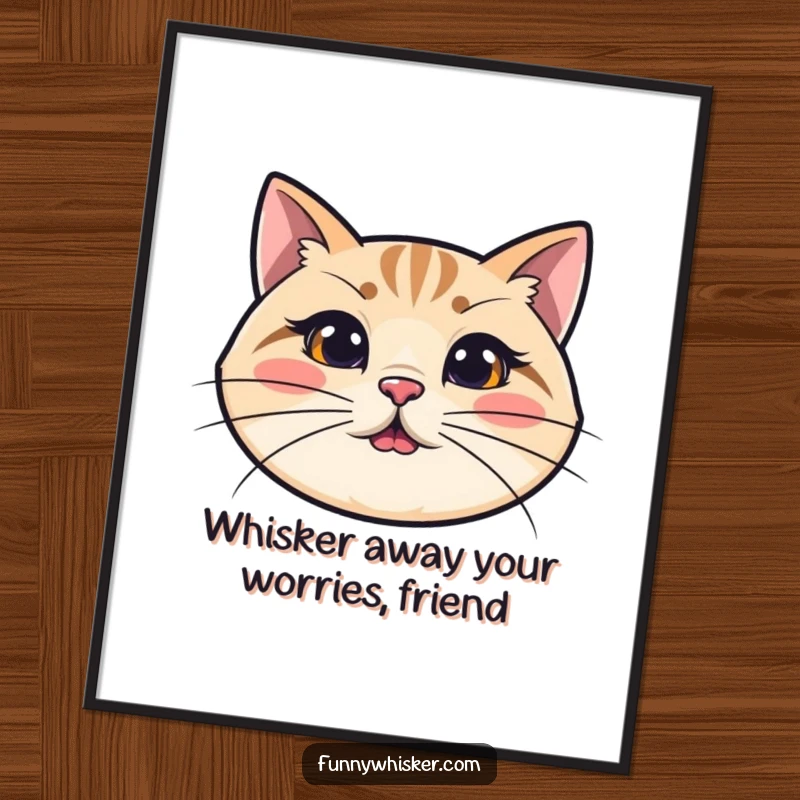 Funny Free Printable Wall Art: Simplified cat head with exaggeratedly long, wiggly whiskers, bringing playful charm!