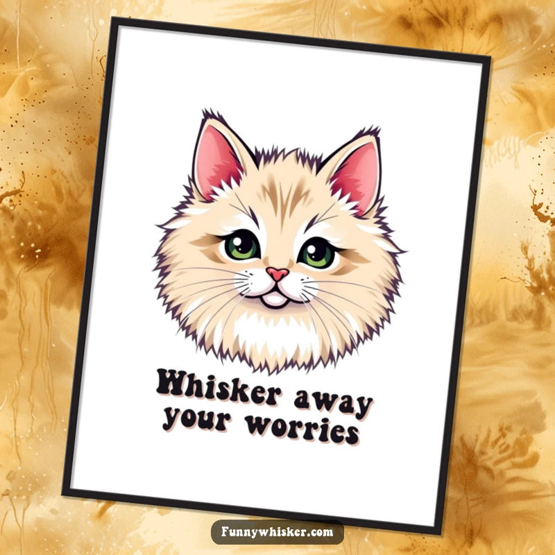 Funny Free Printable Wall Art: A tiny cat face peering out from behind an impressively large and fluffy whisker tuft.