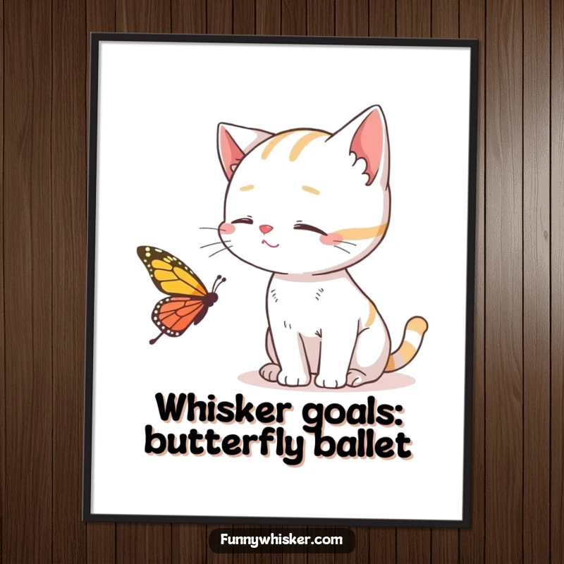 Funny Free Printable Cat Wall Art: A cat with exaggerated whiskers trying to catch a butterfly, vibrant downloadable art.