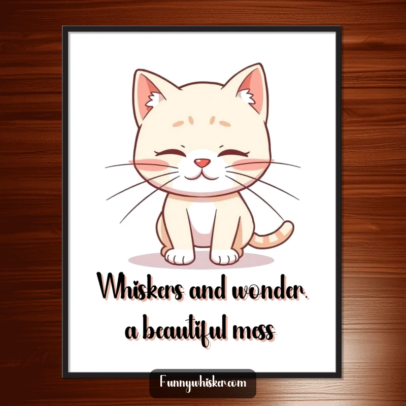 Funny free printable wall art shows a cat with comically long whiskers hilariously tripping over its own feet.