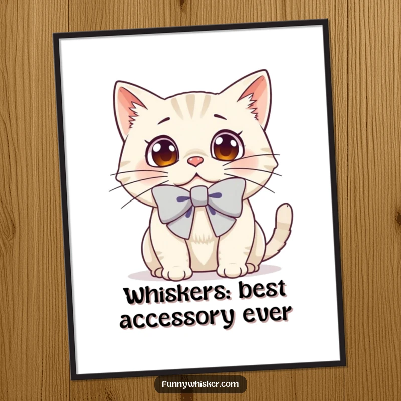 Funny Free Printable Wall Art: A cat with a comically large bow tied directly to its whiskers, its expression one of pure, wide-eyed surprise.