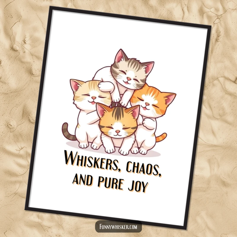 Funny free printable wall art: Three cats in a hilarious tumble, their whiskers creating a tangled, playful scene.