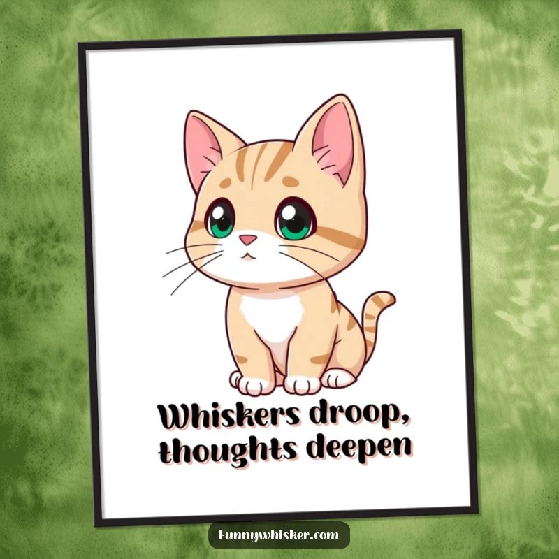 Funny Free Printable Wall Art: Cat looking thoughtfully into the distance, whiskers drooping slightly in pretend contemplation, a humorous decor piece.