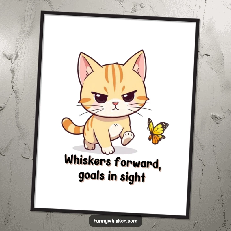 Funny Free Printable Wall Art: Cat with determined whiskers pointed forward, chasing an elusive butterfly, capturing focus and humor.