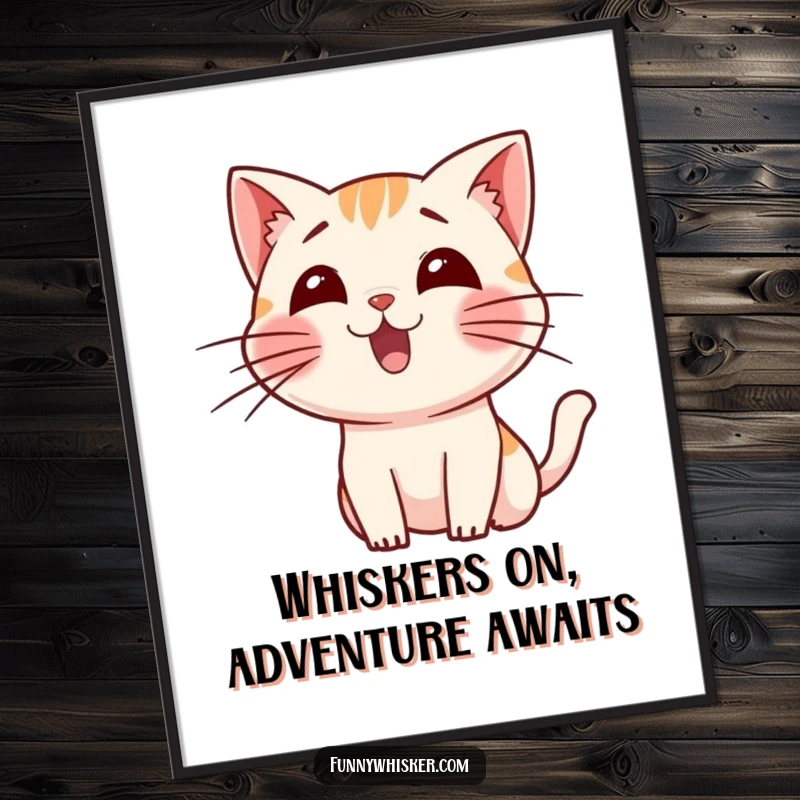 Funny Free Printable Wall Art of a small cat character with its long whiskers wiggling energetically, radiating pure excitement.