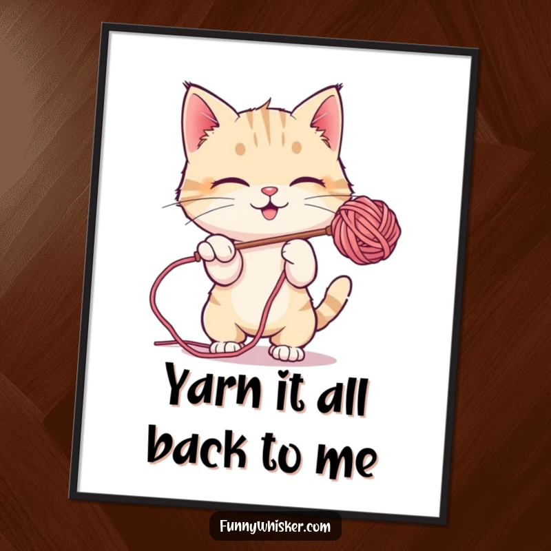 Funny Free Printable Wall Art: A captivating cat character is shown mid-play, energetically batting at a fluffy, floating ball of colorful yarn.