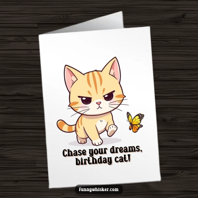 Funny Free Printable Birthday Card: Cat with determined whiskers chases an elusive butterfly, a humorous birthday pursuit, downloadable and print-ready.