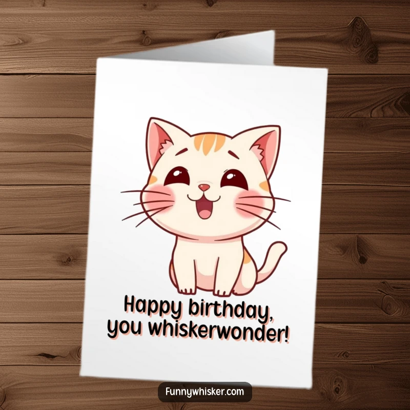 Funny Free Printable Birthday Card featuring a small cat character whose long whiskers are wiggling with pure excitement.