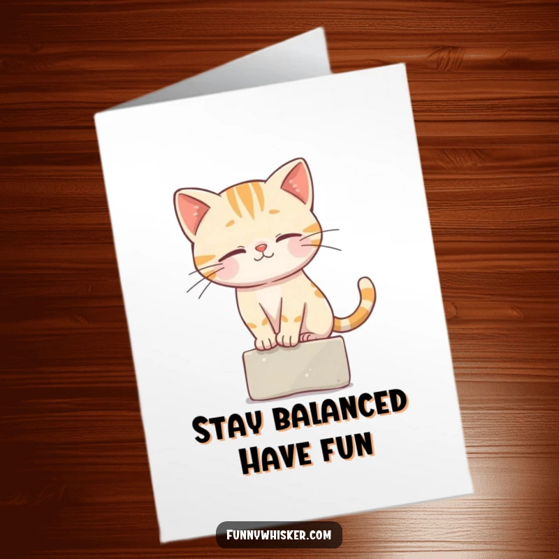 Funny Free Printable Birthday Card: Cat character expertly balancing on a tiny ledge using its whiskers, humorous downloadable gift.