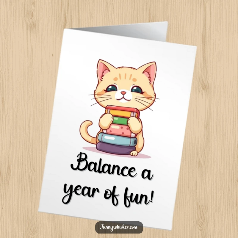 Funny Free Printable Birthday Card: A cat attempts to balance a tall stack of objects on its whiskers.