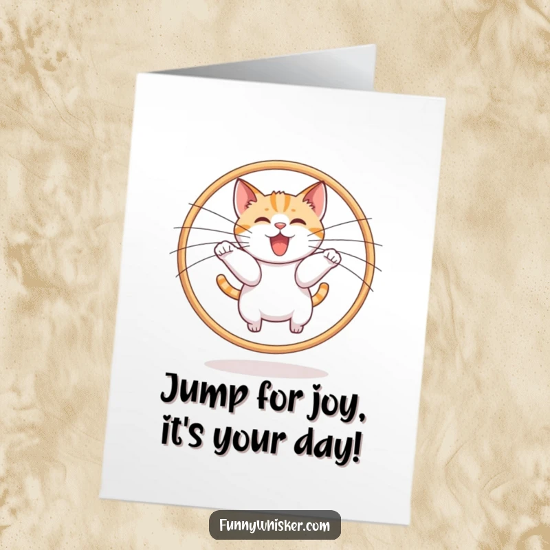 Funny free printable birthday card: a playful cat leaps through a hoop made of two large, stylized cat whiskers.