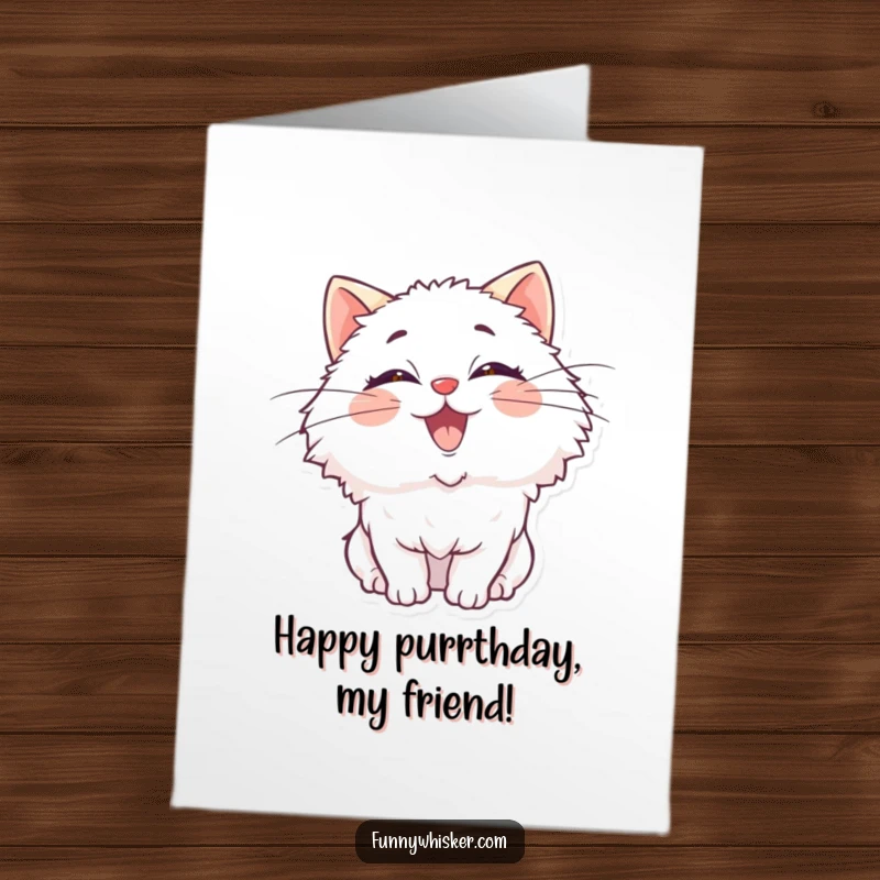 Funny Free Printable Birthday Card: Fluffy cat with oversized wiggling whiskers, expressing delight, DIY downloadable gift.