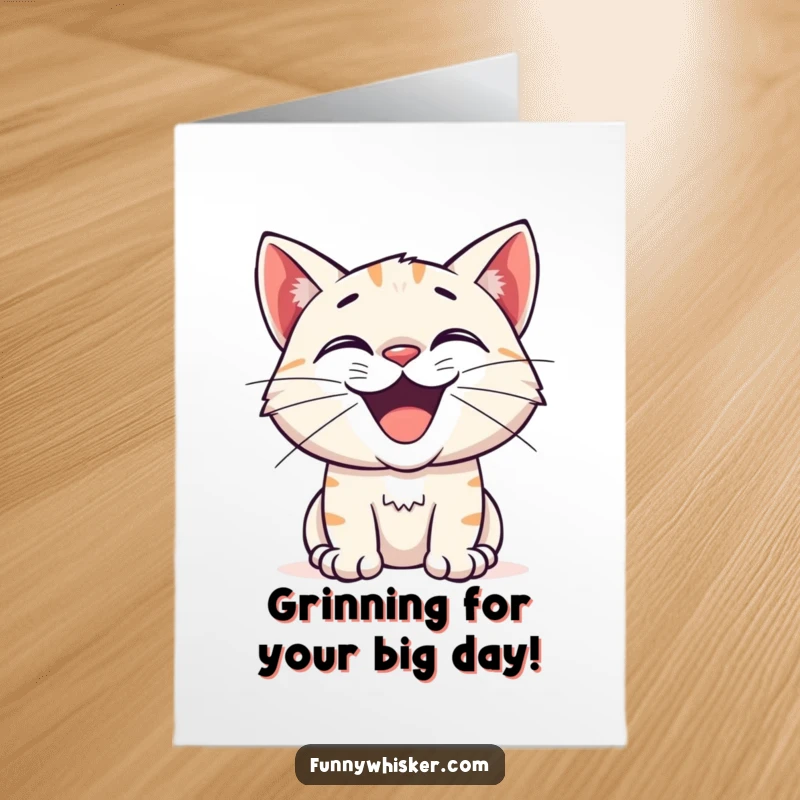 Funny Free Printable Birthday Card: A cat with a huge, excited grin and twitching whiskers, radiating pure birthday joy.