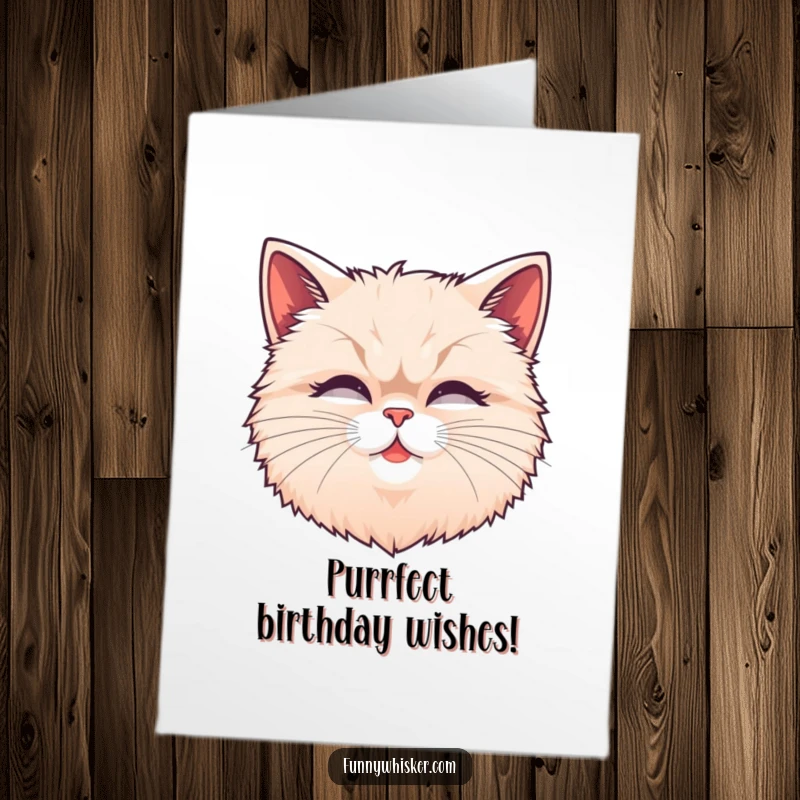Funny Free Printable Birthday Card: Fluffy cat head with exaggerated, wiggling whiskers, looking delightfully cheerful.