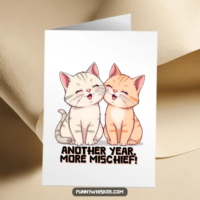 Funny Free Printable Birthday Card: Two cats with oversized whiskers leaning together, sharing a giggle, happy birthday message.