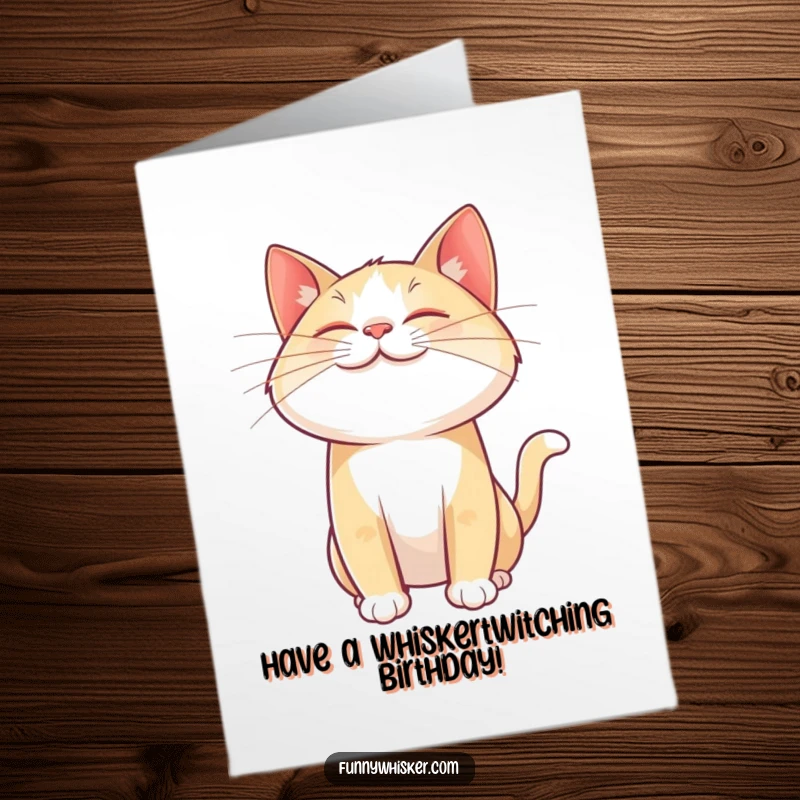 Funny Free Printable Birthday Card: Cat with a giant, joyful whisker twitching mid-air, expressing pure delight.