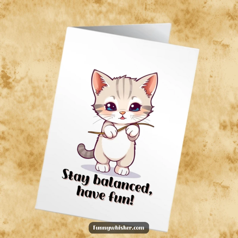 Funny free printable birthday card: a small kitten tries to maintain balance on a single, very wobbly, oversized whisker.