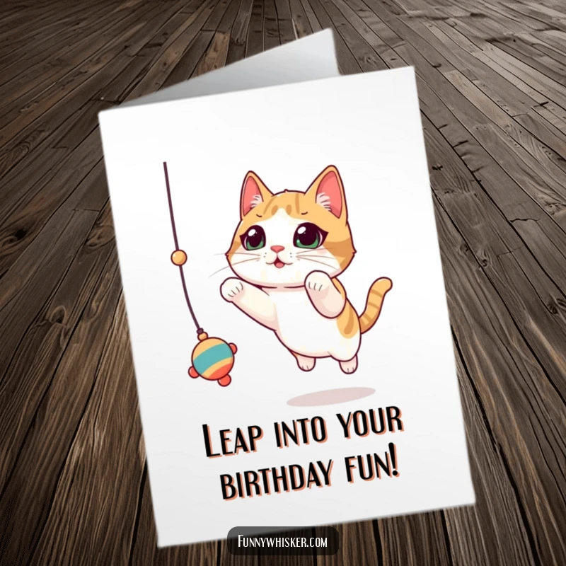 Funny Free Printable Birthday Card: Cat with huge twitching whiskers leaping for a dangling toy, energetic wishes.