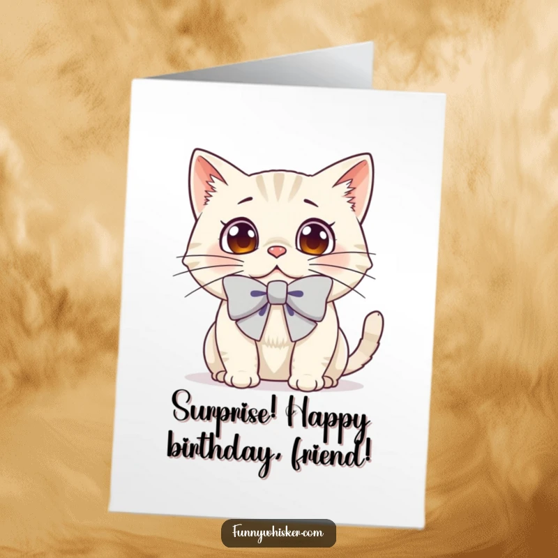 Funny Free Printable Birthday Card: A cat with a comically huge bow tied to its whiskers, eyes wide with adorable surprise.