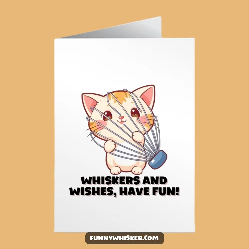 Free Printable Birthday Card: Tiny Cat Hiding Behind Whisk Funny Downloadable Gift