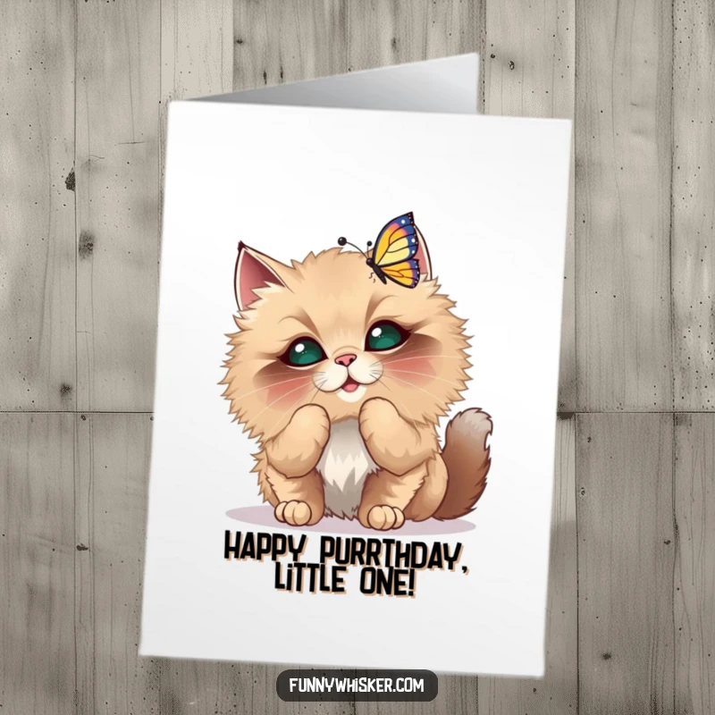 Funny Free Printable Birthday Card of a fluffy cat with oversized whiskers playfully batting at a dancing butterfly.