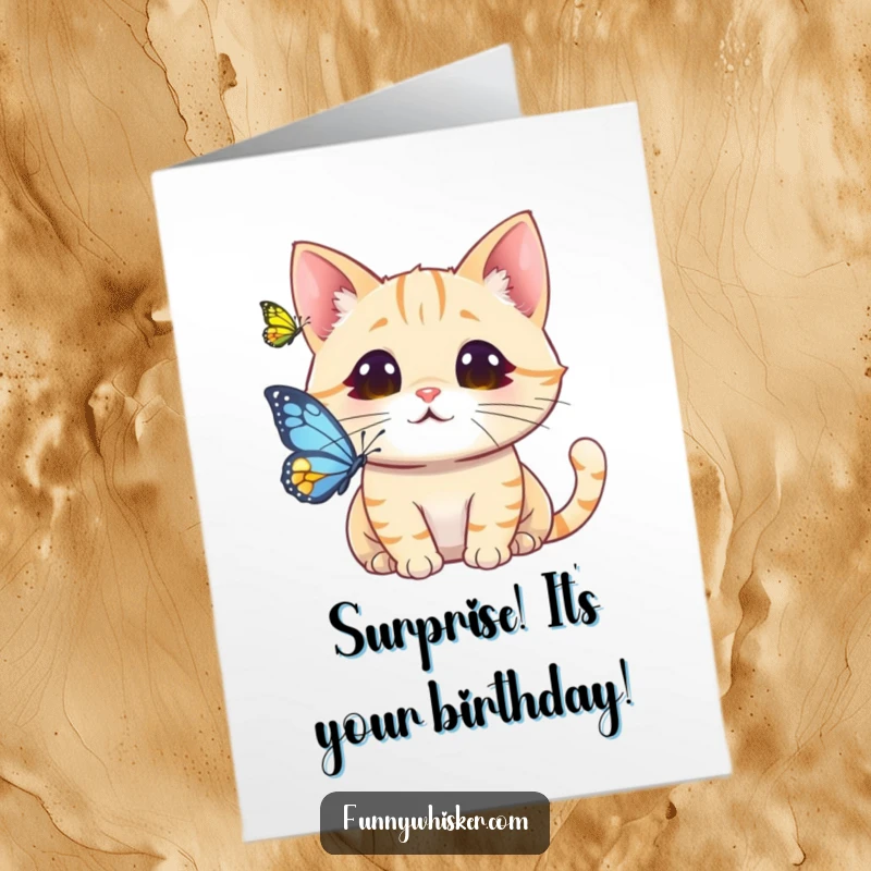 Funny Free Printable Birthday Card: A cat with a shocked face as its whiskers playfully tickle a butterfly.