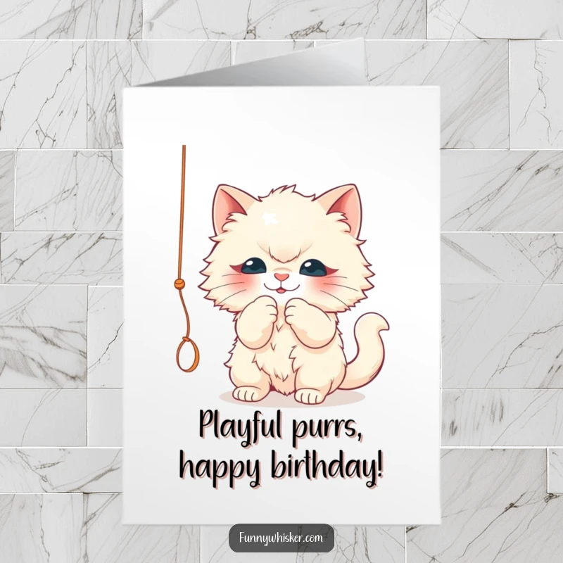 Funny Free Printable Birthday Card: A fluffy cat joyfully bats at a dangling string, embodying playful birthday energy.
