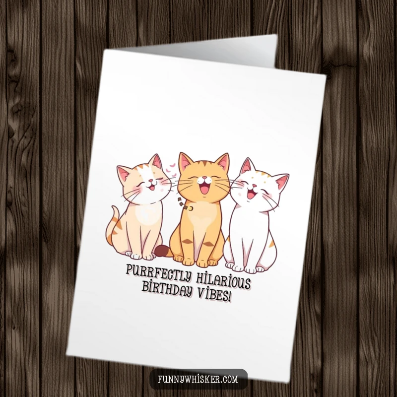 Funny Free Printable Birthday Card: A group of cats with varying whisker lengths share a hearty giggle, spreading cheer.