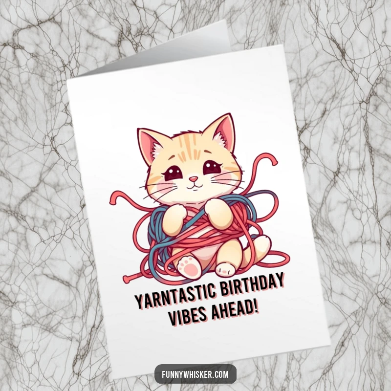 Funny Free Printable Birthday Card: Cat tangled in yarn, looking innocently mischievous, perfect for a DIY gift.
