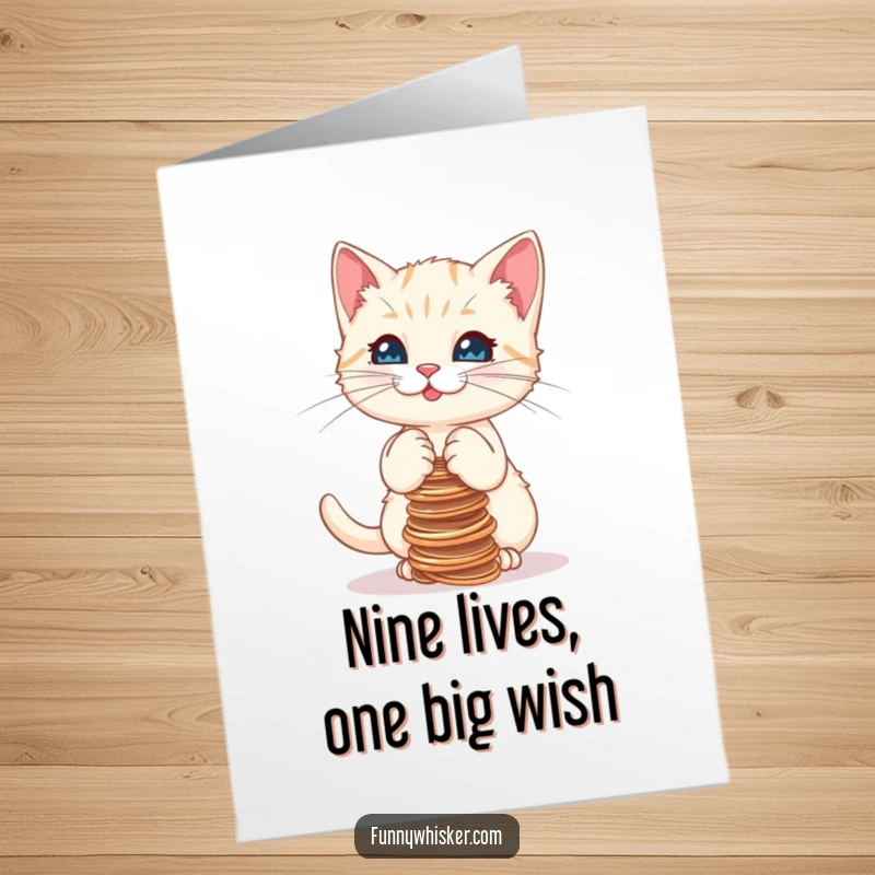 Funny Free Printable Birthday Card: A kitten struggles to balance a tower of wobbly strings, looking bewildered.