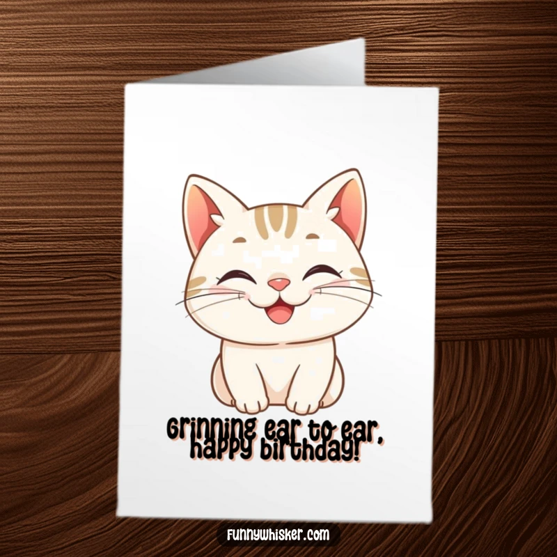 Funny Free Printable Birthday Card: Cat with whiskers curled into a wide, cheerful grin, radiating pure birthday joy and silliness.