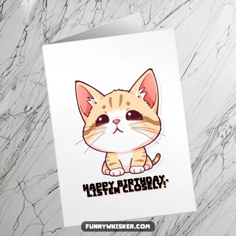 Funny Free Printable Birthday Card: A curious cat with dramatically perked ears and twitching whiskers, eager to discover birthday surprises.