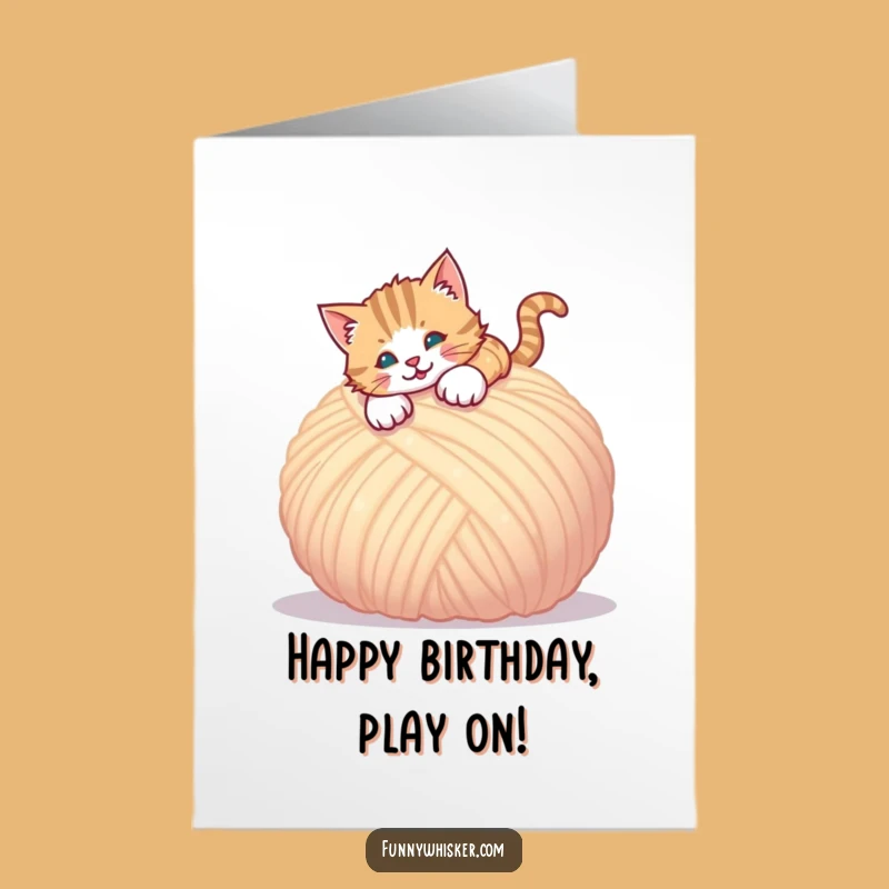 Free Printable Birthday Card: Playful Cat Yarn Pounce Funny Downloadable Gift