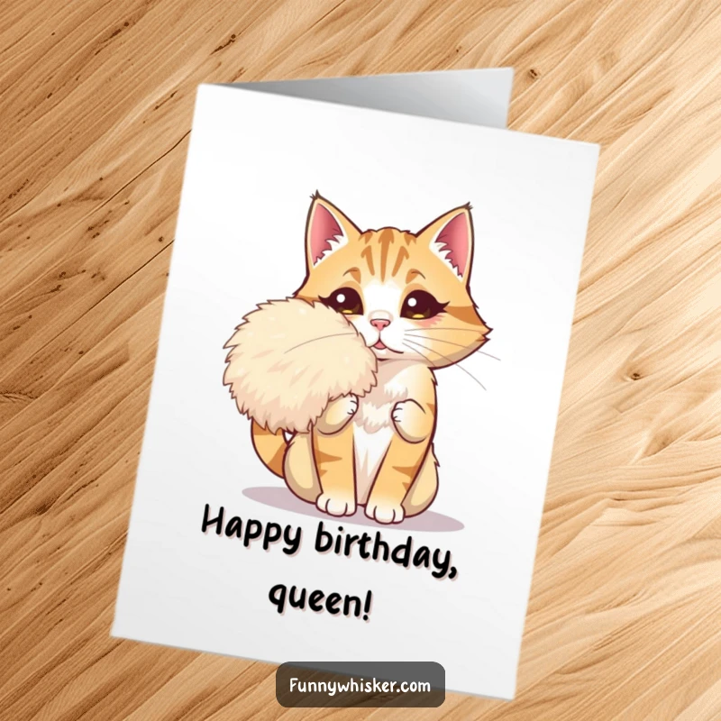 Funny Free Printable Birthday Card of a dramatic cat fanning itself with a giant, fluffy whisker, celebrating in style. Downloadable art.