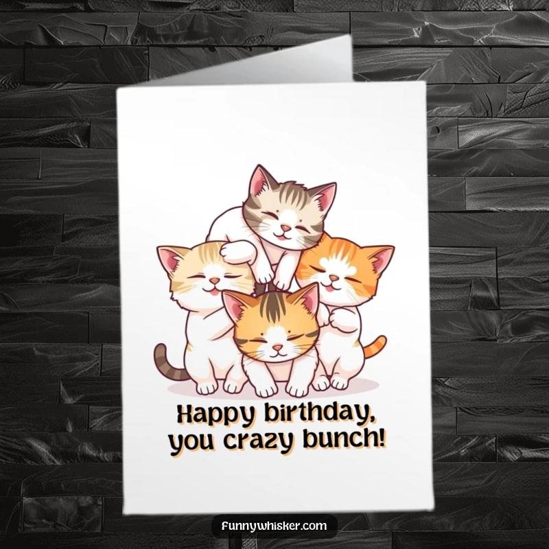 Funny free printable birthday card: Three cats hilariously tumble over each other, their whiskers a delightful tangle.