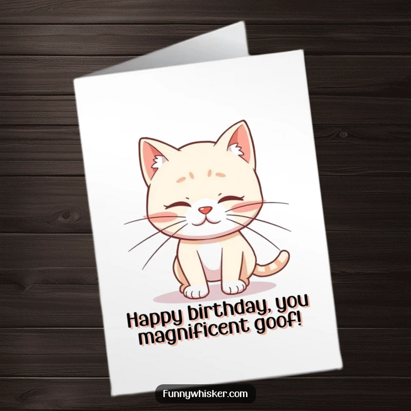 Funny free printable birthday card shows a cat with comically long whiskers tripping hilariously over its own feet.