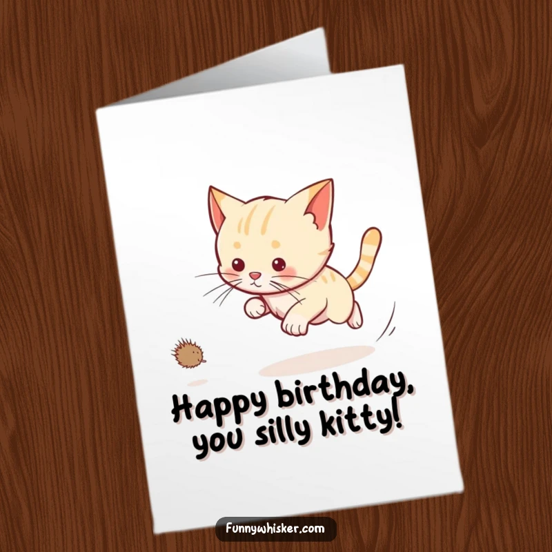 Funny Free Printable Birthday Card: A cat chases a dust bunny, its whiskers trailing wildly in pursuit.
