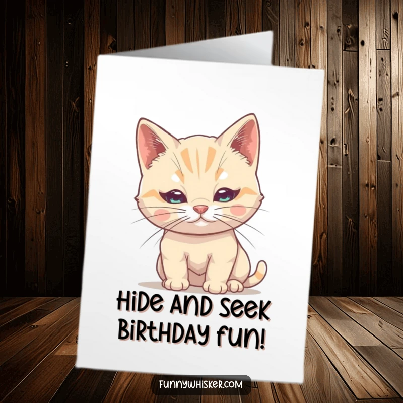 Funny Free Printable Birthday Card: Shy cat peeking from behind its own single, large whisker, adorable.