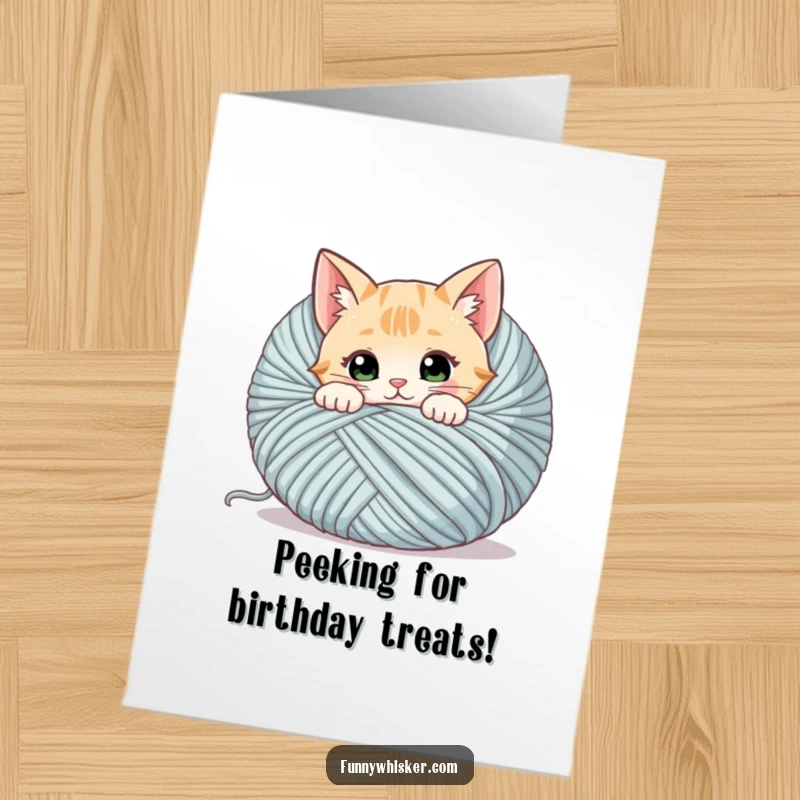 Funny Free Printable Birthday Card, curious cat with twitching whiskers peeking from behind giant yarn ball, playful surprise.
