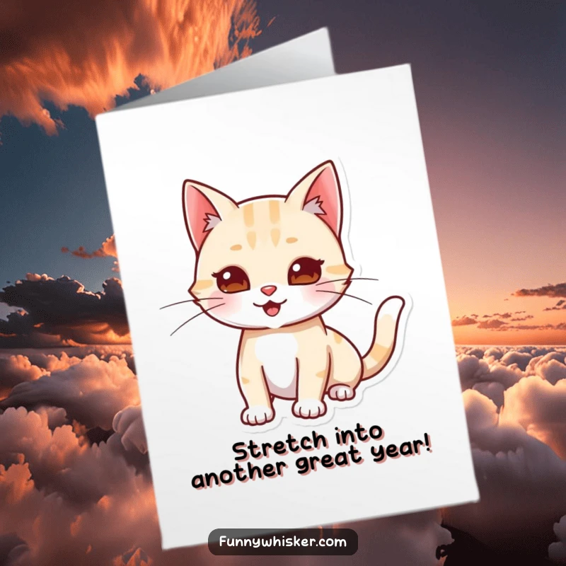 Funny Free Printable Birthday Card of a cat character playfully stretching with its whiskers extending outward in a joyful manner.