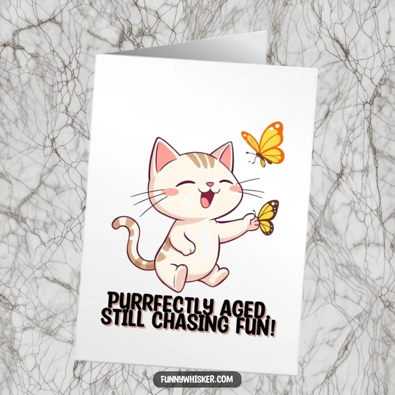 Funny Free Printable Birthday Card: Spiky Whiskered Cat Chasing a Butterfly with Wild Joy