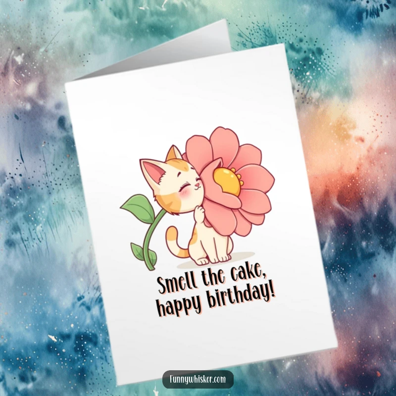 Funny Free Printable Birthday Card: A dramatic cat character deeply sniffs an oversized, cartoonishly large flower with exaggerated delight.