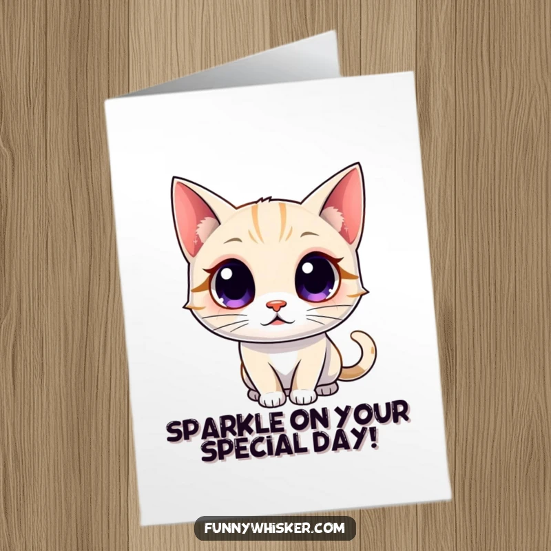 Funny Free Printable Birthday Card: A cat's wide eyes and glowing whiskers radiate cartoon energy.