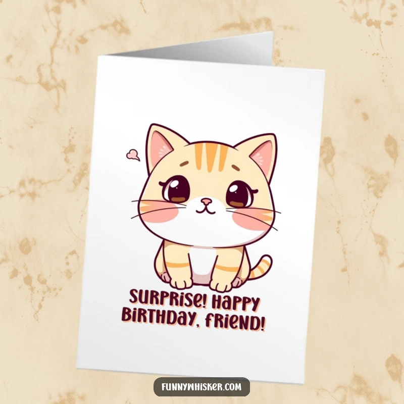 Funny Free Printable Birthday Card: Cat with a shocked face, whiskers recoiling from a tiny puff of air, a hilarious reaction.