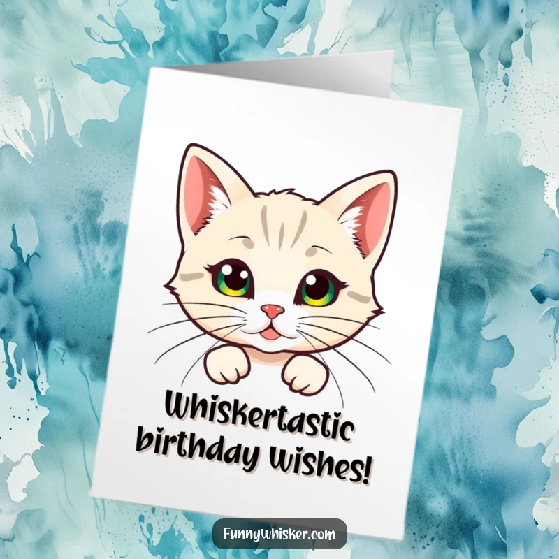 Funny Free Printable Birthday Card: Cat peeking from behind enormous, fluffy whiskers, a comical surprise for a special occasion.