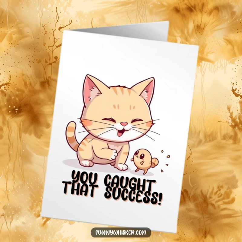 Funny Free Printable Congratulations Card: Cat with big whiskers chasing a dust bunny, a quirky downloadable art.