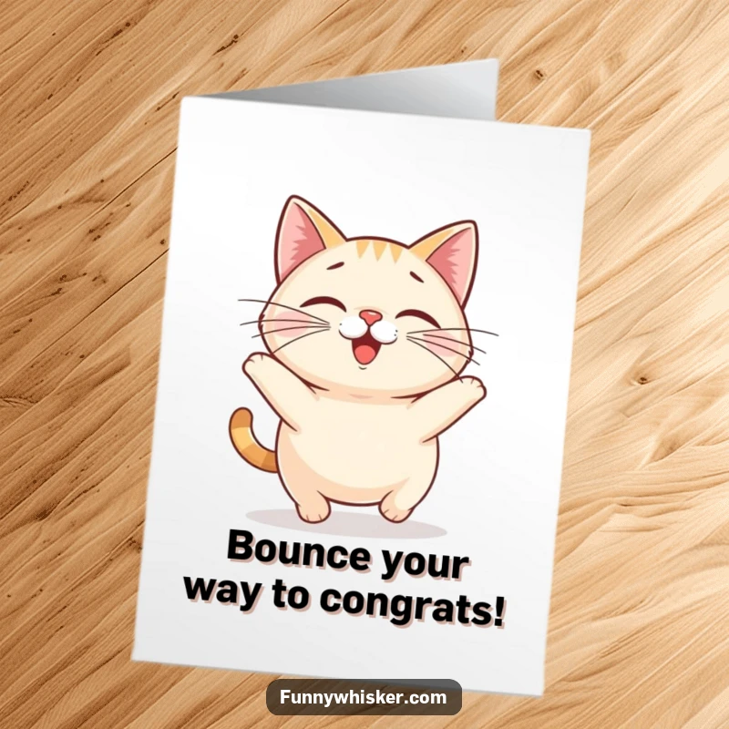 Funny Free Printable Congratulations Card, small round cat with oversized whiskers bouncing happily, celebrating success, downloadable art.
