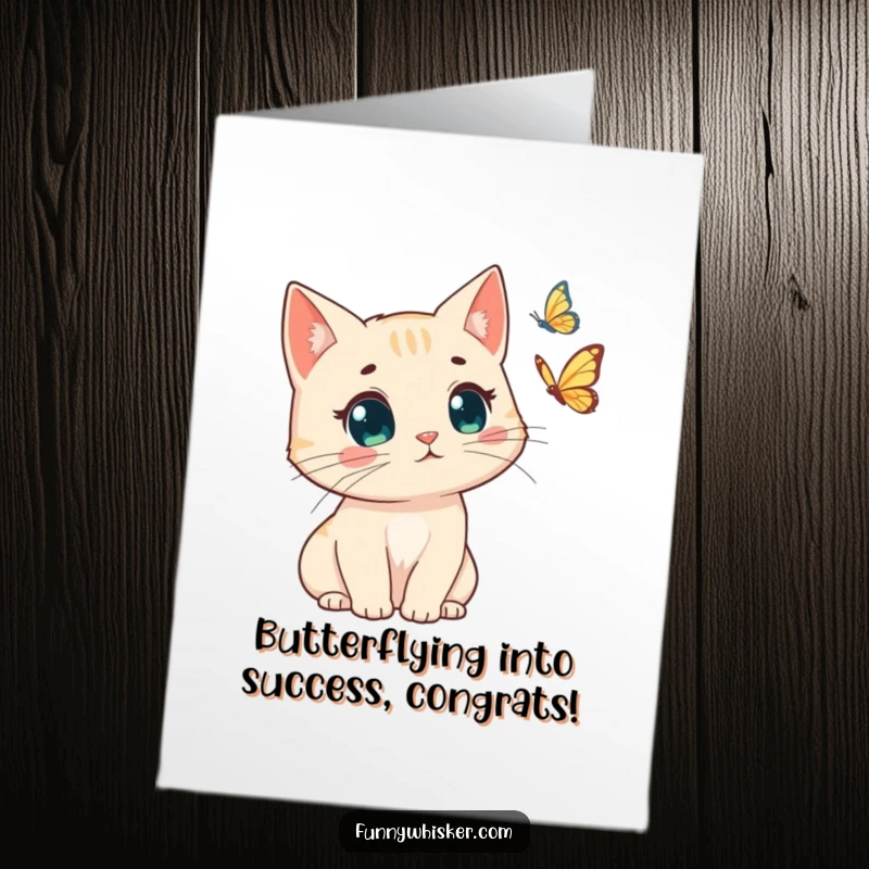 Funny Free Printable Congrats Card: A windswept cat looks shocked at a butterfly, perfect for congratulating any success.